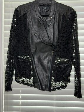 GK Black Faux Leather Moto Jacket with Crochet Sleeves